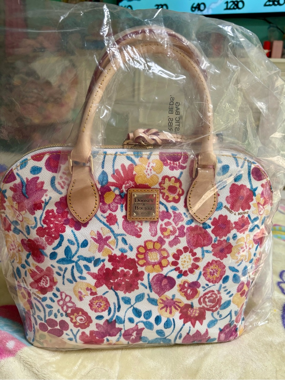 Dooney & Bourke Cream Floral Satchel with Pink Blue Yellow Accents